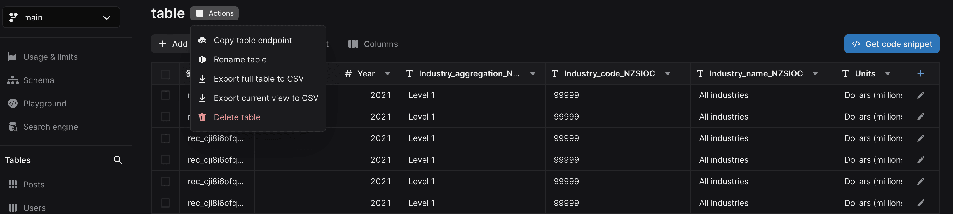 Export CSV data table